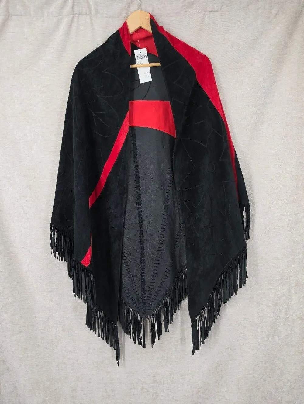 Vintage Black & Red Suede Nubuck All Leather Fringe Shawl Embroidered